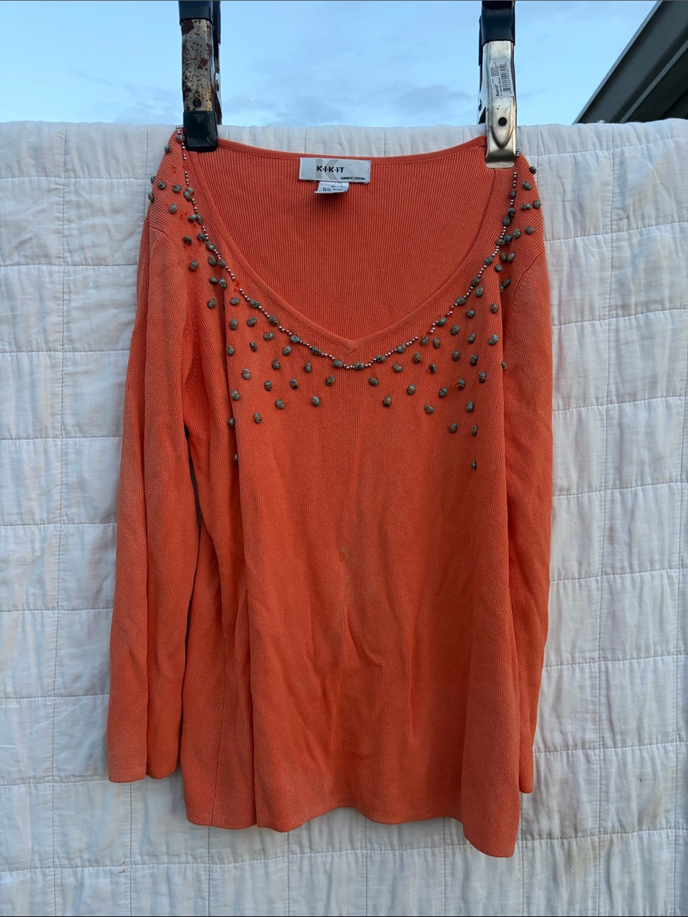 KIKâ˘KIT Orange V-Neck Long-Sleeve Sweater Top with Stud Embellishment